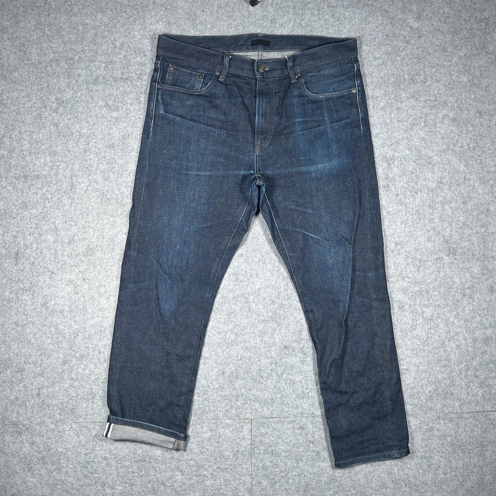 Uniqlo Selvedge Denim Jeans Mens 35x34 Blue Slim Fit Stretch Raw Indigo